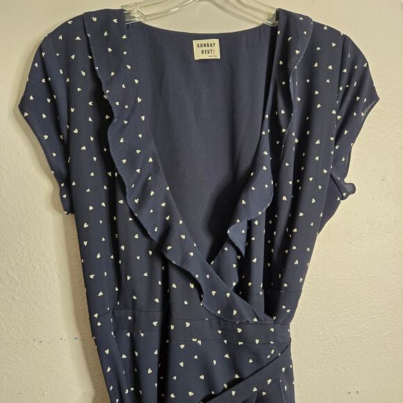 Sunday Best Heart Print Ruffle Mini Wrap Dress Navy Size 4 Date Night Out Brunch - Picture 6 of 11